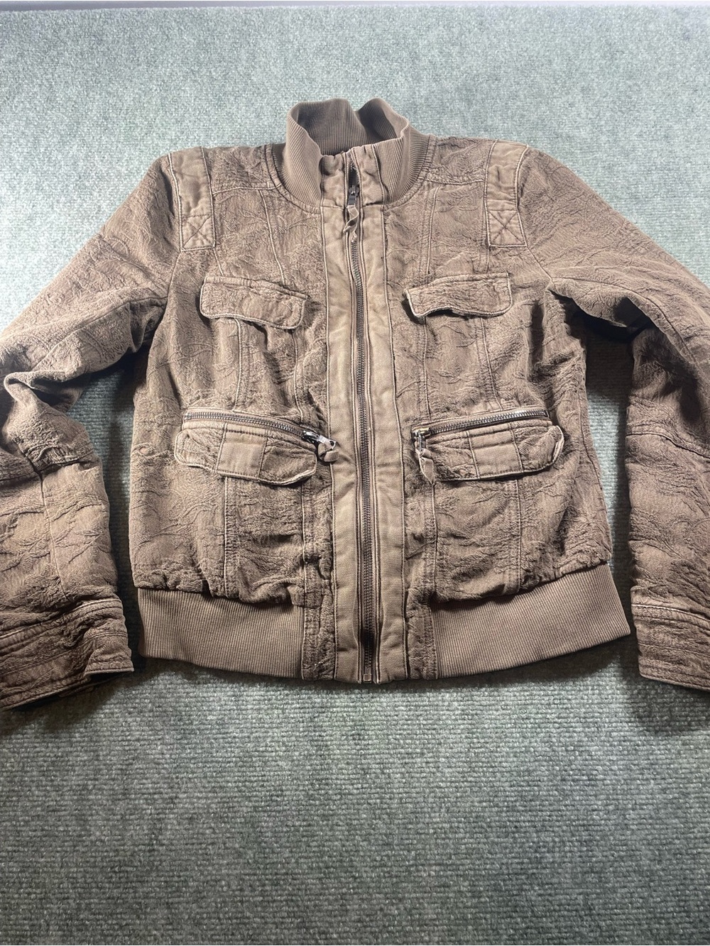 Brown Quilted Bomber Jacket - Women's Casual Zip Front